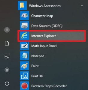 Internet Explorer as shown in Windows menu. Screenshot.