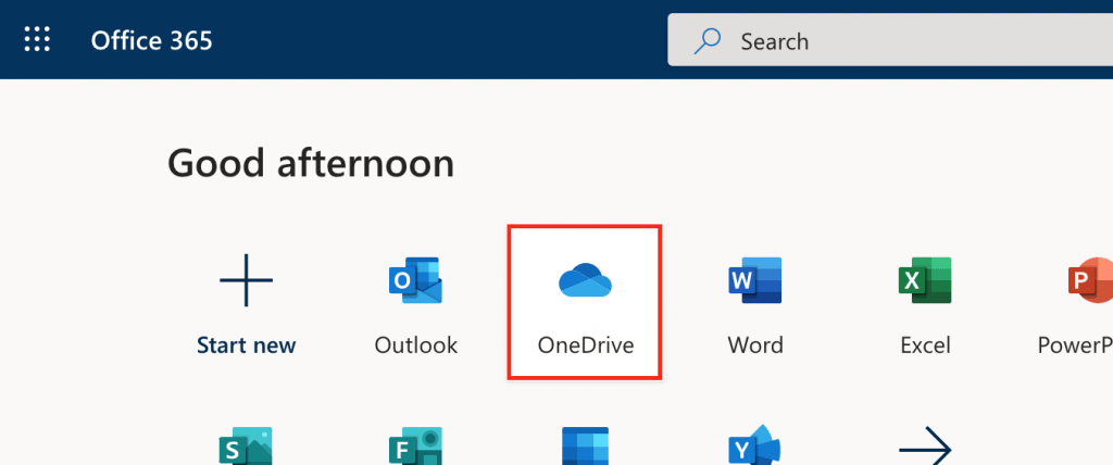 Screenshot of the OneDrive button highlighted in Office 365.