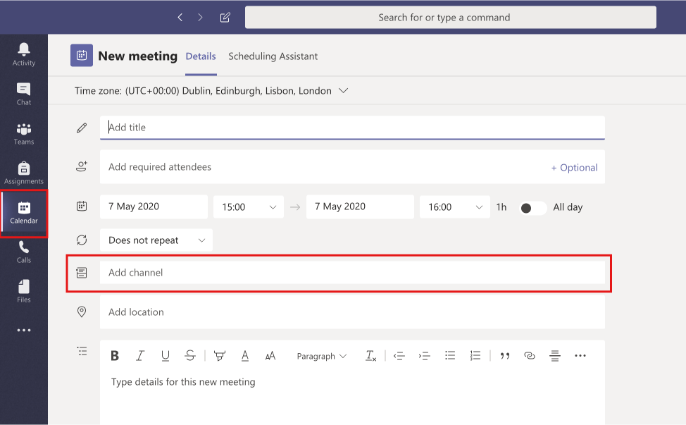 Screenshot showing Meeting details screen in Microsoft Teams with "Add Channel" option highlighted.