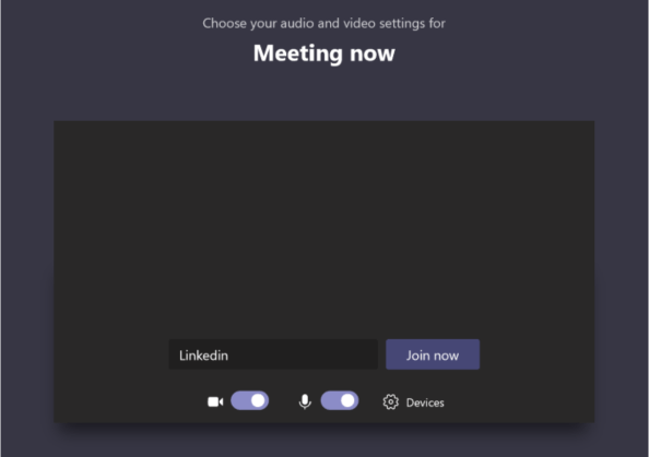 Screenshot of the "Meeting now" window which loads up before a guest enters a Teams meeting.