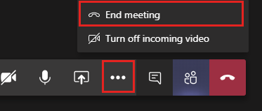 Screenshot showing the "End Meeting" button highlighted in the "More Actions" menu in Teams.