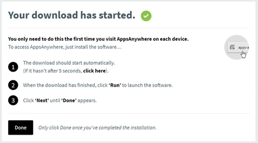 Screenshot of the Download Started window, with steps covering how to install AppsAnywhere.