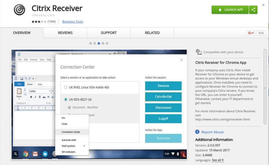 Screenshot of Citrix Receiver in Chrome Web Store with launch App button available.