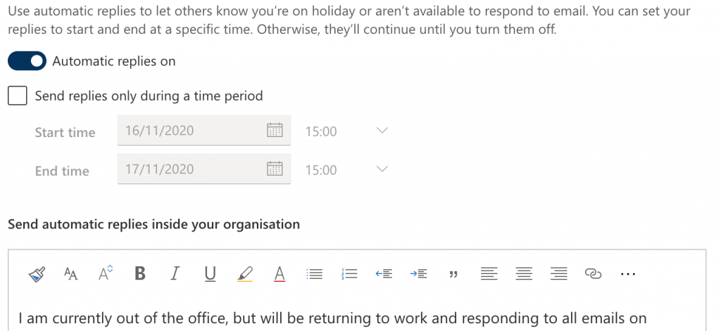 Screenshot of the Automatic Replies Window in Outlook 365