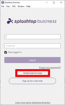 Screenshot of the Splashtop login window. Email and password fields are visible beneath a Splashtop business logo, and the single sign-on login link is visible below the Log In button.