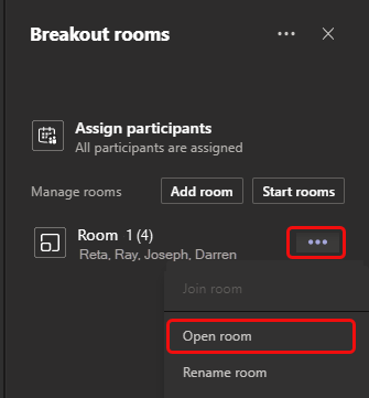 Screenshot highlighting the Open Room button in the Breakout Rooms more options panel.