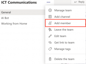 Screenshot of the more options menu in a Team. "Add member" is highlighted.