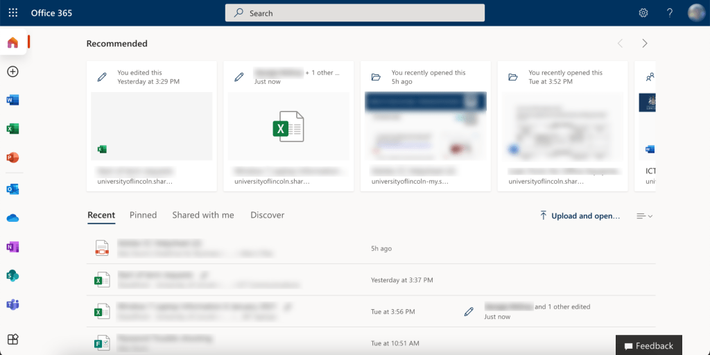 Screenshot of the main Office 365 screen displaying recent files. Files from various Office applications and stored on OneDrive are displayed across the middle of the page and in a list at the bottom.