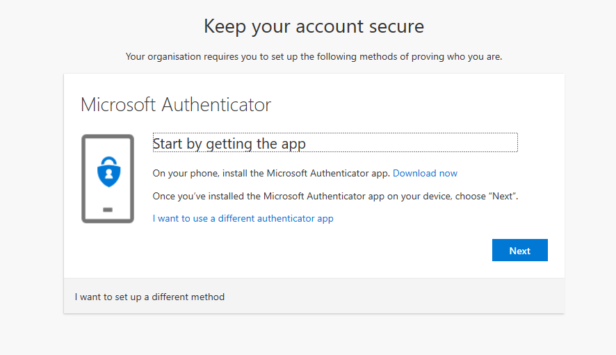 A Screenshot of the "Keep Your Account Secure" window. The text reads "Start by getting the app. On your phone, install the Microsoft Authenticator app." A link titled "Download now" is displayed.