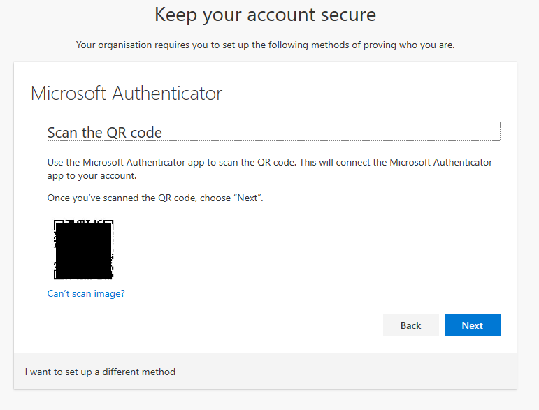 A Screenshot of the "Keep Your Account Secure" window. A QR Cod is displayed for users to scan in order to link their App with their University account.