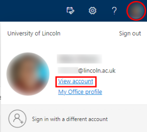 A screenshot showing the My Account drop-down in Office 365. "View Account" is highlighted.